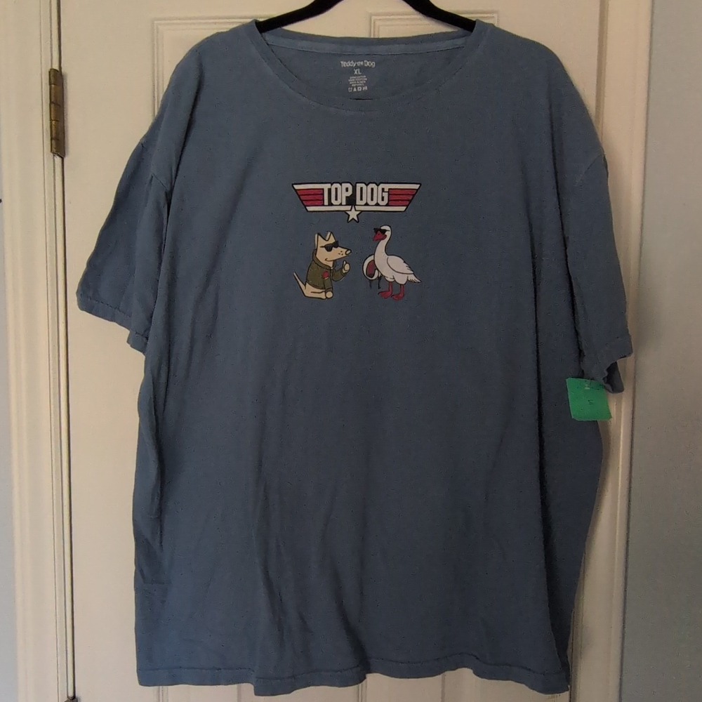 Teddy the Dog Top Dog Graphic Print T-Shirt Blue XL Crew Neck Short‎ Sleeve